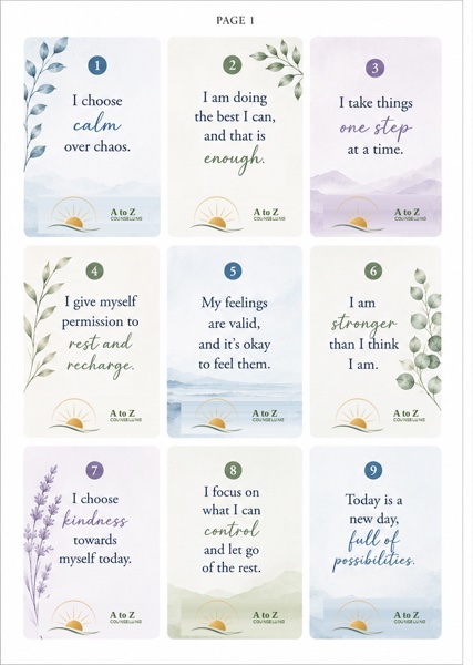 Preview of the A to Z Counselling affirmation cards